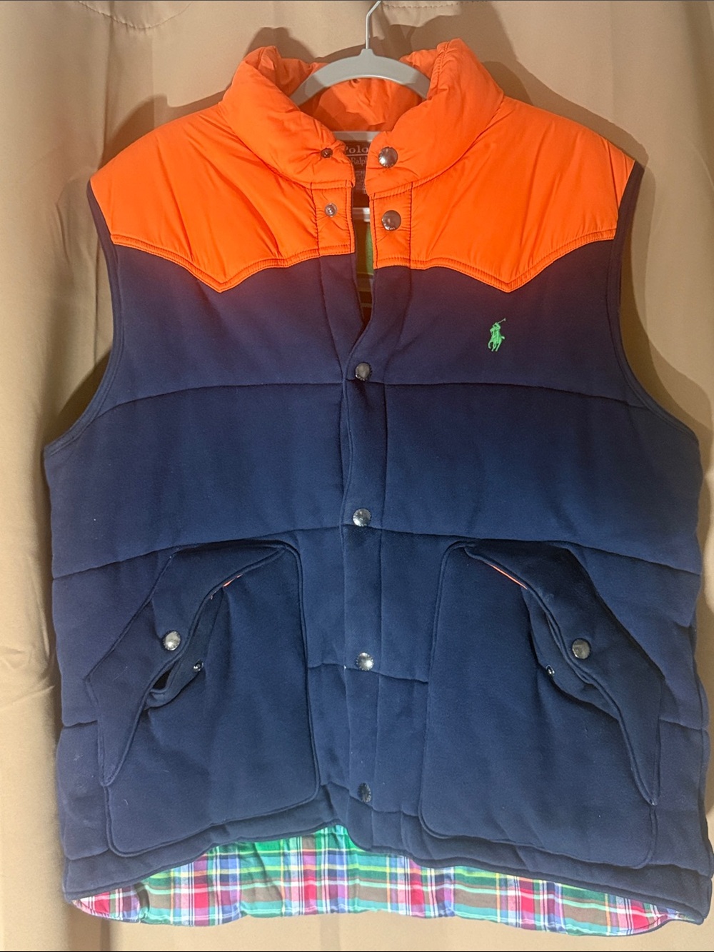 Ralph Lauren Navy Vest with Bright Orange Yoke and Green Pony